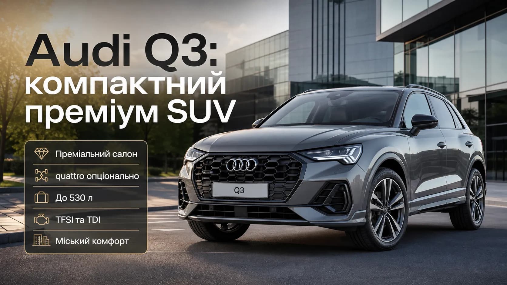 Audi Q3: практичний преміальний кросовер для міста й подорожей